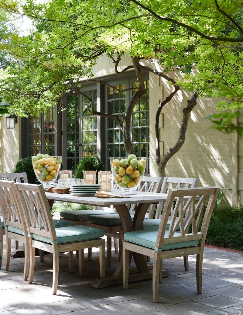 Patio dining table and chairs with tree