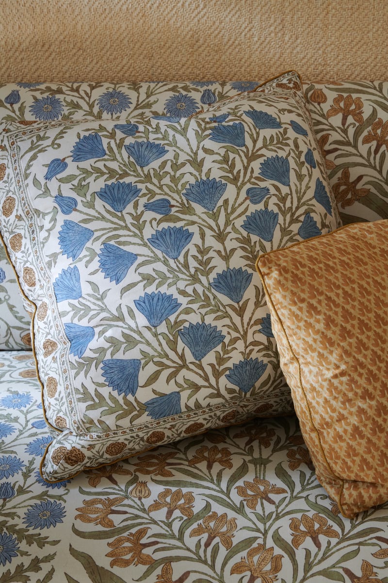 Printed linen pillows and upholstery