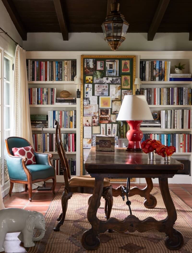 Desk by bookshelves